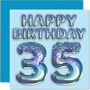 Verjaardagskaart 35e verjaardag heren - blauwe glitterballon - verjaardagskaarten voor 35-jarige mannen, broer, vriend, oom papa, 145 mm x 145 mm, wenskaarten voor vijfendertig