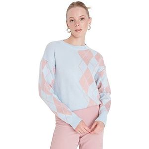 Trendyol Regular Geruite Trui Ronde Hals Trainingspak Dames, Blauw, L, Blauw