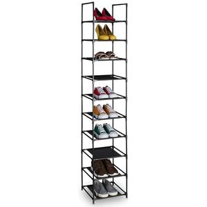 Relaxdays Schoenenrek, 10 niveaus, h x b x d: 175 x 33 x 33 cm, metalen kast en stoffen niveaus, smal, zwart - grijs