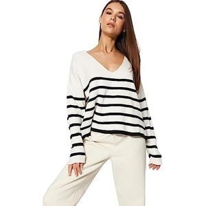 Trendyol Pull basique en tricot à col en V pour femme, ecru, S