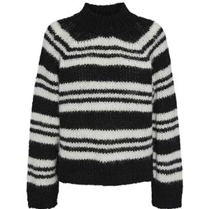 Pieces Pcnarmanell Ls Pull en tricot à col haut pour femme, Noir/rayures : Cloud Dancer., XS
