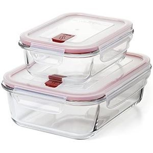 TATAY Cook&Eat Food lunchbox (0,64 l en 1,5 l), glas, luchtdicht, clipdeksel, BPA-vrij, geschikt voor magnetron, oven, vriezer en vaatwasser, kleur: rood, 2 stuks