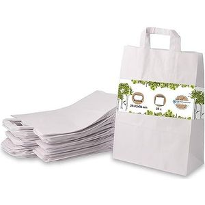 GREENBOX Witte papieren zakken met handvat, milieuvriendelijke kraftpapieren zak, biologisch afbreekbare geschenkzak, composteerbare zakken, 25 witte papieren zakken met handvat, 26 x 12 x 35 cm