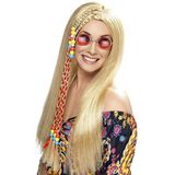 Smiffys Hippie-avondpruik, blond, lang haar met kleurrijke parels