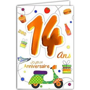Age Mv 69-2014 verjaardagskaart voor de 14e verjaardag, jongens, meisjes, motief: scooter, vespa, geschenken, cupcake, hamburger, basketbal