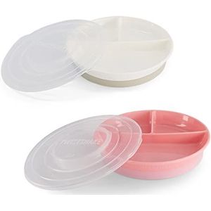 Twistshake 2 x verdeelde borden met luchtdicht deksel, verdeelde borden voor kinderen, BPA-vrij, voederbord, wit roze