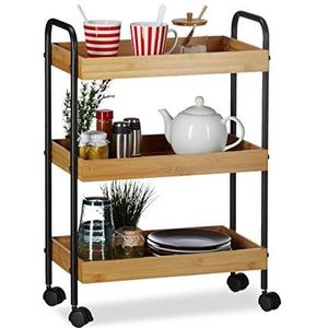 Relaxdays, Trolley van natuurlijk bamboe, zwart, 3 planken, natuurlijke look, 360° draaibare wielen, staal, 70 x 50 x 28 cm (h x b x d) standaard