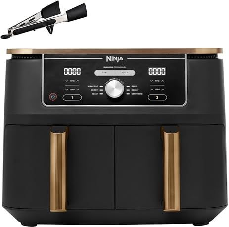 Ninja Foodi MAX Dual Zone Air Fryer, 2 laden, 9,5 l, 6-in-1, olievrij, Air Fry, Max Crisp, braden, bakken, antiaanbakmanden, vaatwasmachinebestendig, koper/zwart exclusief Amazon AF400EUCP