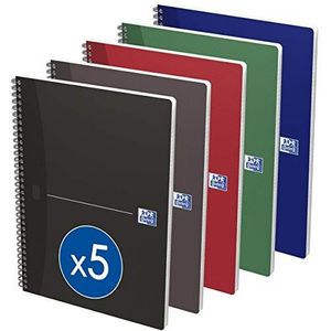 Oxford Essentials A4 notitieboeken, gelinieerd, 7 mm, 180 pagina's, spiraalbinding, omslag, kaarten, verschillende kleuren, 5 stuks