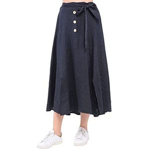 Bonateks Women Skirt 100% Linen Made in Italy, Jupe Longue à Boutons avec ceinturage Foulard, Marine, Taille: S, Marine, S