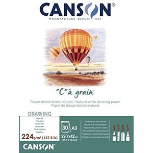 CANSON ""C"" à grain, wit tekenpapier, fijne korrel, 224 g/m², blok gelijmd aan de korte zijde, A3-29,7 x 42 cm, natuurlijk wit, 30 vellen