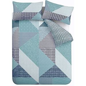 Catherine Lansfield Larsson Geo, polyester, katoen, blauwgroen, beddengoed voor eenpersoonsbed