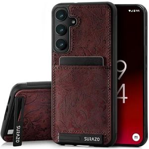 SURAZO Beschermhoes voor de achterkant van echt leer voor Samsung Galaxy A55, stootvaste leren beschermhoes, kaartvak, standaard, sleutelhanger, motief