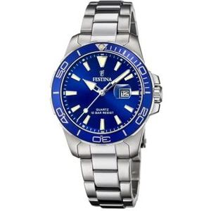 Festina Dameshorloge analoog kwarts met roestvrij stalen armband F20503/3, Zilver/Blauw, mittel, armband