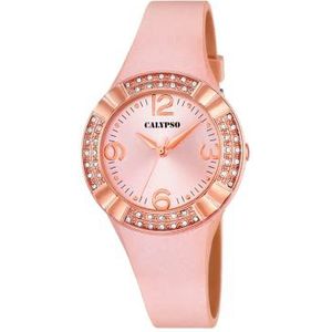 Calypso Dameshorloge, kwarts, roze wijzerplaat, analoog, kunststof armband, roségoud K5659/2, roze/roségoud, armband, roségoud, strap