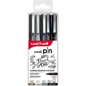 Uni Pin – Uni-Ball – Uni Mitsubishi Pencil – 5 viltstiften speciaal voor Brush Art – penseelpunten (2 zwart, 1 lichtgrijs, 1 donkergrijs, 1 sepia) – om te schrijven, tekenen, plotten