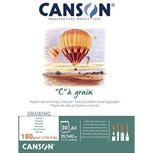 CANSON ""C"" met korrel, wit tekenpapier, fijne korrel, 180 g/m², 110,5 lbs, gelijmd blok aan de kleine kant, A3-29,7 x 42 cm, natuurlijk wit, 30 vellen