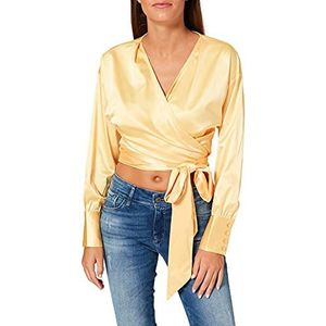 NEON COCO Lange mouwen, satijn, zijden wrap cropped blouse, lange mouwen, dames, geel (geel C18), L, geel (Yellow C18)