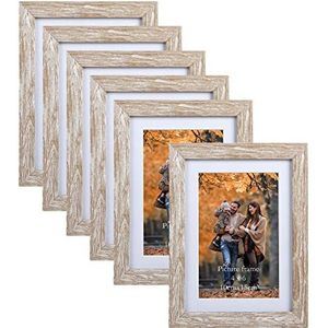EYMPEU Fotolijst 10 x 15 cm met passe-partout voor 13 x 18 of 10 x 15 cm, set van 6 fotolijsten van natuurlijk hout, rustieke fotolijst om aan muur of tafel op te hangen