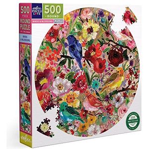 eeBoo Rond 500 stukjes, vogels en kleurrijke bloemen van gerecycled karton, hoogwaardige puzzel voor volwassenen, PZFBBL, wit