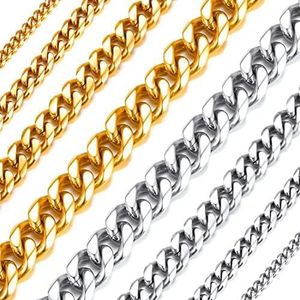 Richsteel Cubaanse Curb chain voor mannen en vrouwen 3 mm/6 mm/9 mm/12 mm, maat 35 cm - 75 cm, zilver/18K goud/zwart, 316L roestvrij staal, sieradenketting in Amerikaanse stijl, Roestvrij staal