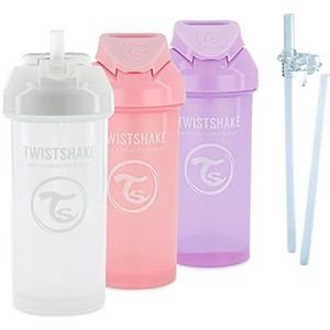 Twistshake Set drinkbekers voor baby's, 4-delig, 3 drinkbekers met rietje, 2 rietjes, 1 waterdichte jint voor rietjesbeker, waterdichte babyflessen, 6 maanden, roze paars
