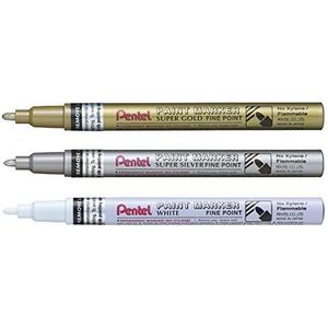 Pentel MSP10 Set Paint Markers, fijne punt, 2,9 mm, 3 stuks, goud/zilver/wit