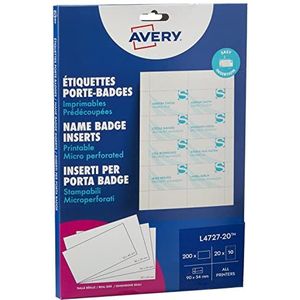 AVERY - Zak met 200 insteekkaartjes voor badges, wit karton 190 g/m², formaat 90 x 54 mm, laser/inkjetdruk, (L4727-20)