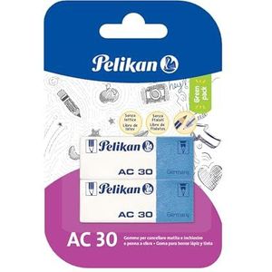 Pelikan 2 stuks gum AC 30 wit blauw geschikt voor techniek en schooltekening, blokkeervorm, voor potloden en inkt, 24005999