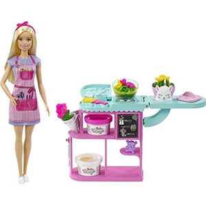 Barbie Beroepen koffer​ Bloemenmeisje met blonde pop, toog, 3 kneedmassa, een vorm, 2 vazen en een beer, kinderspeelgoed GTN58