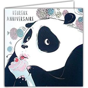 Afie Gelukkige Verjaardag Zilveren Vierkante Kaart Giant Panda Gourmand Cupcake Kersen
