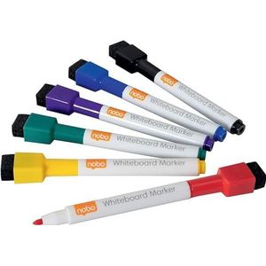 Nobo Mini Whiteboard Markers met Magnetische, geïntegreerde Wisser, Fijne Punt van 2 Millimeter, 6 Stuks, Droog Uitwisbaar, Geurarm, Verschillende Kleuren, 1903792