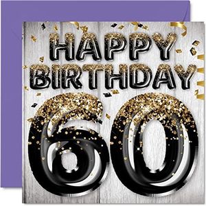 Verjaardagskaart voor mannen 60e verjaardag - zwarte en gouden glitter ballonnen - verjaardagskaarten voor 60e jaar, papa, opa, opa, grootvader, oom, 145 mm x 145 mm, kaarten