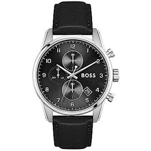 BOSS 1513782 Quartz chronograaf herenhorloge met zwarte lederen band, zwart., riem