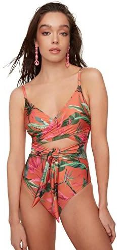 Trendyol Gedetailleerd badpak met bloemenpatroon eendelig badpak voor dames, Veelkleurig