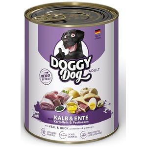DOGGY Dog Kalfs- en eendenpaté, 6 x 800 g, natvoer voor honden, graanvrij, met zalmolie en groene nolvorm, compleet voer met aardappelen en pastinaak, gemaakt in