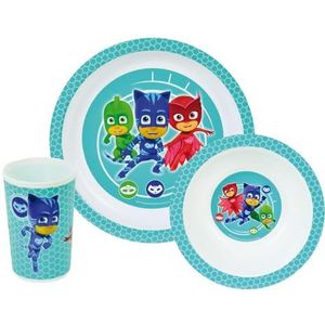 FUN HOUSE 005559 PJ Masks Lunchset met 1 bord, 1 kom en 1 kinderglas, polypropyleen, wit, 26,5 x 8,5 x 24,5 cm