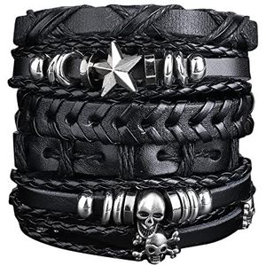Set van 6 zwarte gevlochten leren armbanden voor dames en heren - Vintage armband - Verstelbare lengte, 9,8 inch, metaal, geen edelsteen, Metaal, Geen edelsteen