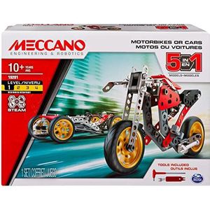 MECCANO - Auto en motorfiets, 5 modellen, set uitvindingen met 132 delen en 2 gereedschappen, bouwpakket, 5 verschillende modellen voertuigen om te bouwen, 6053371, speelgoed voor kinderen vanaf 10 jaar