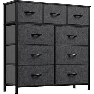 YITAHOME Commode met 9 laden, opbergkast van stof voor slaapkamer, woonkamer, kast, hal, robuust stalen frame, houten bovenkant en gemakkelijk te trekken stoffen bakken (grijs/zwart)