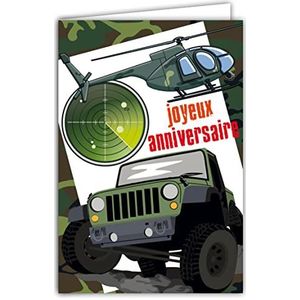 Afie 67-1252 verjaardagskaart met envelop voor jongens en mannen, die van het militaire universum houdt, de verdediging van orde voor vrede, camouflage, doelschijf 4 x 4, terreinvoertuig