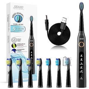 Seago Ultrasone elektrische tandenborstel met 8 tandenborstelkoppen, 40.000 trillingen per minuut, 5 verschillende modi, USB-oplaadbaar, zwart