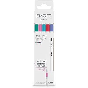 Emott – Uni Ball – Mitsubishi Pencil – 5 viltstiften Candy Pop Kleuren – om te schrijven, tekenen, tekenen in stijl – fijne punt 0,4 mm – Ultra Violet, Lichtroze, Koraal, lichtblauw, groen