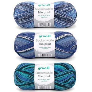 Gründl Trio 3 x 100 g sokkenwol (75% scheerwol (superwash), 25% polyamide) + handleiding (mogelijk niet beschikbaar in het Nederlands), blauw/groen