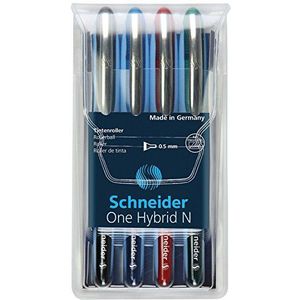 Schneider One Hybrid N 5 rollerbalpen, 4 stuks, onuitwisbaar met 0,5 mm lijndikte en hybride punt, zwart/blauw/rood/groen