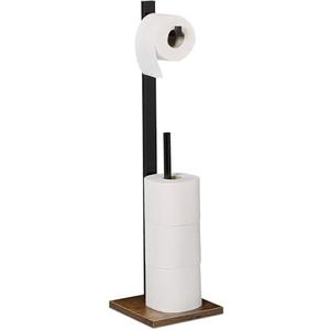 Relaxdays Toiletpapierhouder voor 5 reserverollen, staande roller, bamboe, MDF, 71 x 19 x 19 cm (h x b x d), zwart/bruin
