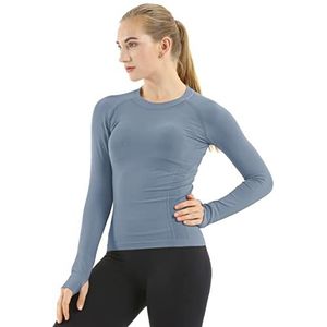 MathCat Naadloos trainingsshirt voor dames, lange mouwen, yoga-top, ademend, slim fit, Blauw/Grijs