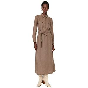 Trendyol Woman Design Midi Jile V-Neck Woven Dress Robe Femme, Camel, 42