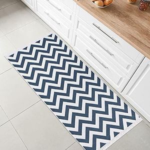 Fashion4Home Laagpolig tapijt boho kelim woonkamer slaapkamer keuken tapijt hal tapijt kinderkamer zigzag blauw wit groeten 50x80 cm