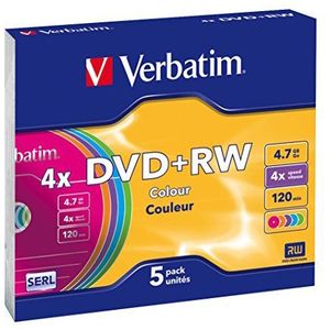 Verbatim DVD+RW - 4,7 GB, 4 keer brandsnelheid met lange levensduur en krasbescherming, 5 stuks dunne hoesjes